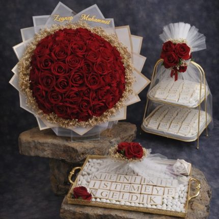 Buket, Katlı Sunumluk Söz Nişan Çikolatası ve Dekoratif Tepsi Söz Nişan Çikolatası