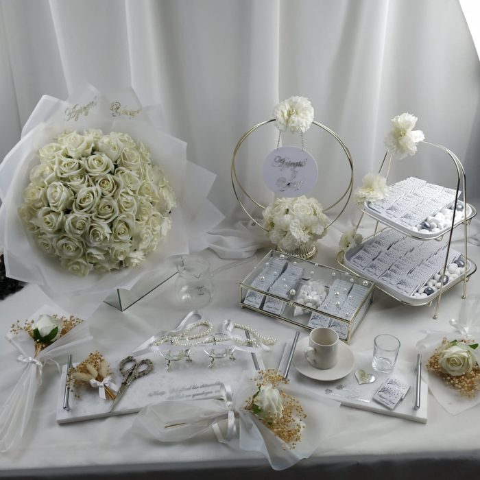 Mermer Tepsi Seti, Cam Kutu Söz Nişan Çikolatası, Dekoratif İsimlik, Buket ve Katlı Sunumluk Söz Nişan Çikolatası - Görsel 1