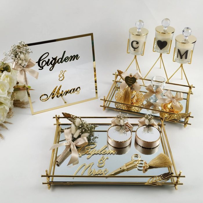 Bambu Yaprak Tepsi Seti, Dekor Mumlar ve Dekoratif İsimlik - Görsel 1