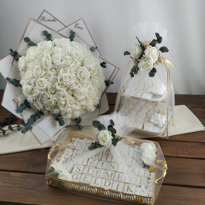 Buket, Katlı Sunumluk Söz Nişan Çikolatası ve Dekoratif Tepsi Söz Nişan Çikolatası - Görsel 2
