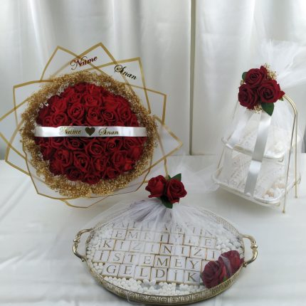 Buket, Katlı Sunumluk Söz Nişan Çikolatası ve Dekoratif Tepsi Söz Nişan Çikolatası
